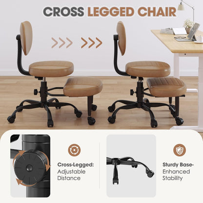 Cross Legged Office Chair, 360° Swivel ADHD Chairs for Adults, Height Adjustable Ergonomic Cross Legged Office Chair with Wheels, Wide Cross Legged Chair for Meditation, Yoga (Brown)