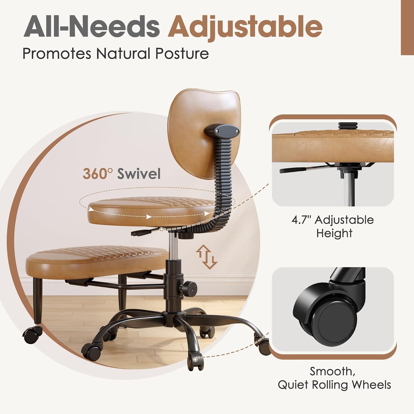 Cross Legged Office Chair, 360° Swivel ADHD Chairs for Adults, Height Adjustable Ergonomic Cross Legged Office Chair with Wheels, Wide Cross Legged Chair for Meditation, Yoga (Brown)