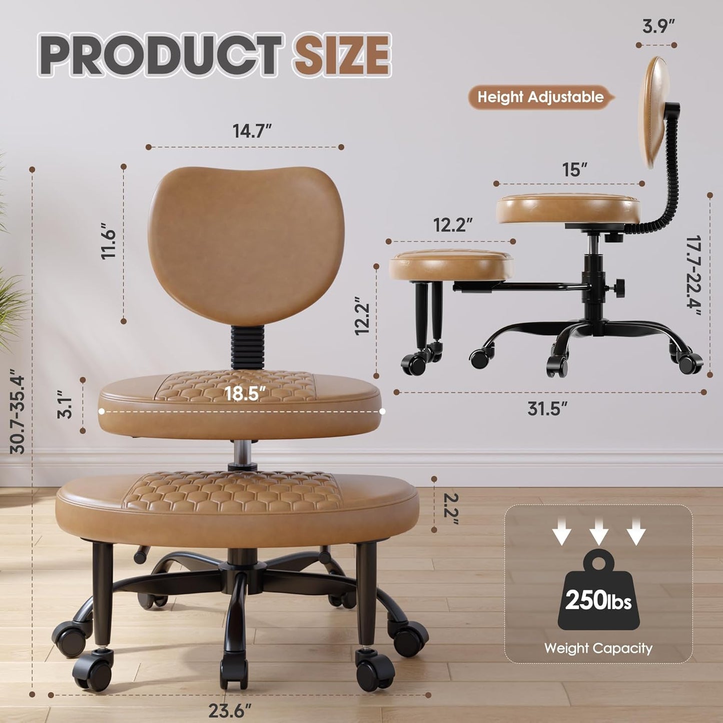 Cross Legged Office Chair, 360° Swivel ADHD Chairs for Adults, Height Adjustable Ergonomic Cross Legged Office Chair with Wheels, Wide Cross Legged Chair for Meditation, Yoga (Brown)