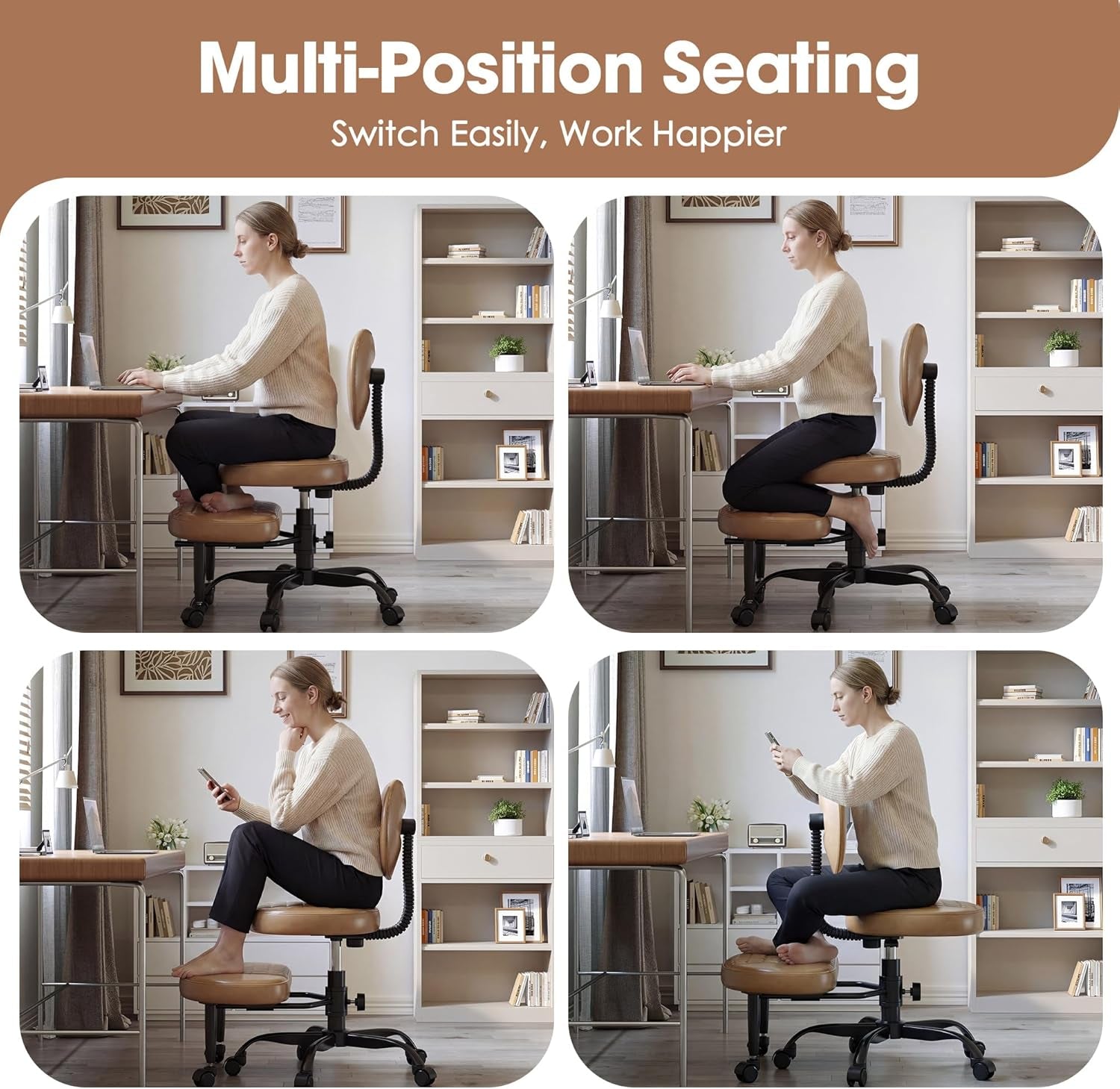 Cross Legged Office Chair, 360° Swivel ADHD Chairs for Adults, Height Adjustable Ergonomic Cross Legged Office Chair with Wheels, Wide Cross Legged Chair for Meditation, Yoga (Brown)