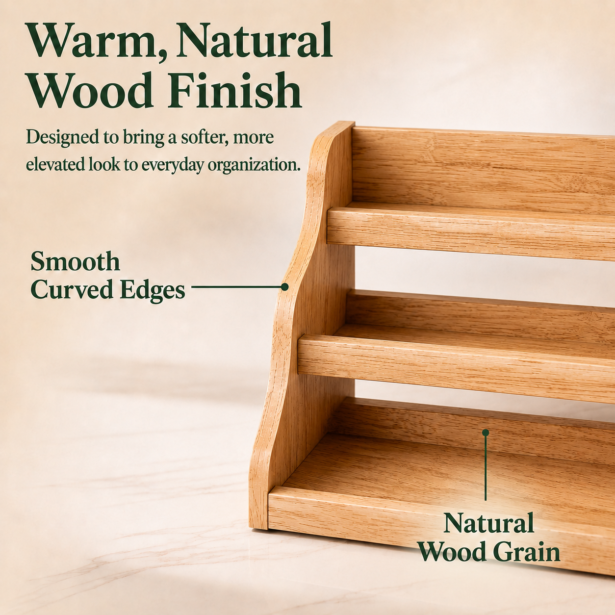 3-Tier Wood Spice Rack Organizer — Fits Cabinets, pantries & Countertops (13.75"W x 10"D x 6.33"H)