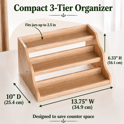 3-Tier Wood Spice Rack Organizer — Fits Cabinets, pantries & Countertops (13.75"W x 10"D x 6.33"H)